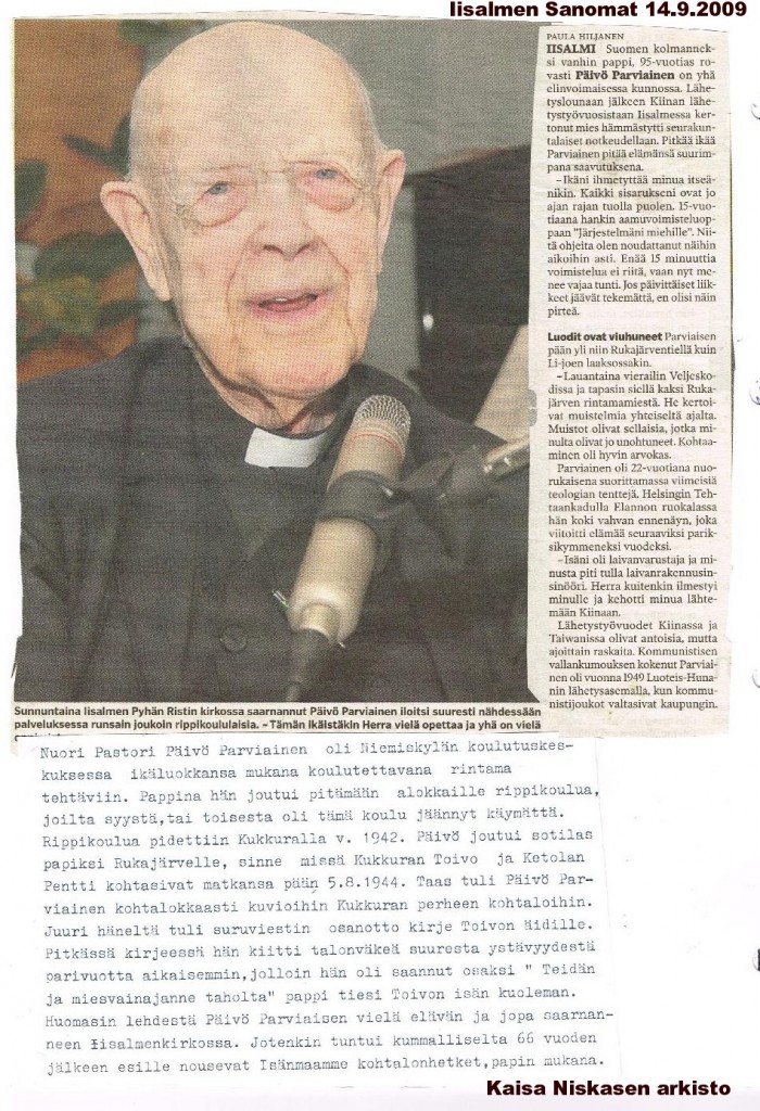 Iisalmen sanomien artikkeli 14.9.2009. Kaisa Niskasen arkistosta.
