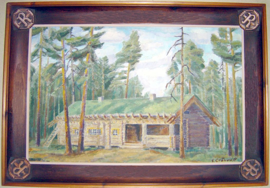 Marskin Maja alkuperäisellä paikallaan Repolan Lieksajärven rannalla Marsalkanniemessä. Sven Grönholmin maalaus.